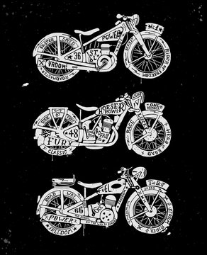 Set of Hand drawn Silhouettes of vintage motorcycles filled with text. Grunge vector illustration
