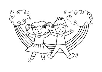 Children sit in rainbow. Cartoon style.