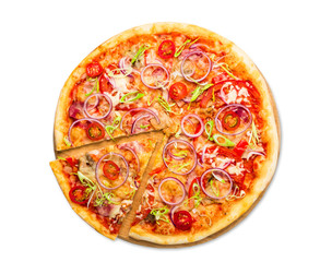 Delicious pizza with with onions, bacon and cherry