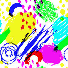 Fototapety  Wektor wzór paski pędzla i obrysy. Żółty, zielony, niebieski, różowy kolor na białym tle. Ręcznie malowana tekstura folwarku. Atramentowe elementy geometryczne. Moda nowoczesne tkaniny lato abstrakcyjny nadruk.