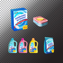 Set of templates realistic package for bottles with laundry and dishwasher detergent. Plastic containers, package and tablets. Vector mockup of isolated objects on transparent background