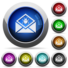 Open mail with malware symbol round glossy buttons