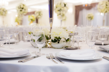 Beautifully decorated in white colours wedding hall