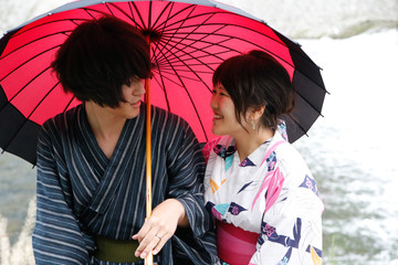 japanese young couple kimono in kyoto
