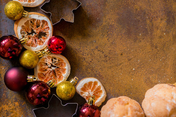 Christmas hot chocolate with marshmallows and traditional New Year decorations on wooden background. Top view. Place for your text