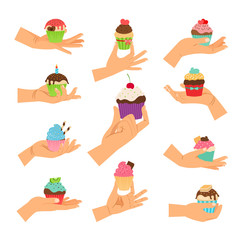 Hands holding decorated cupcakes set