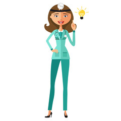 Young doctor happy with his bright idea flat cartoon vector illustration