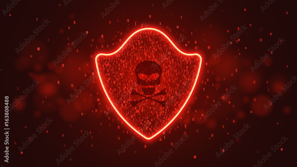 Poster high-tech computer concept. a red glowing neon shield from a binary code. the system is under threat