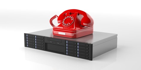 Computer server storage unit and a retro telephone on white background. 3d illustration