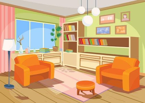 Vector illustration of a cozy cartoon interior of an orange home room, a living room with two soft armchairs, ottoman, chest of drawers, book shelves and floor lamp