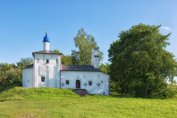 Fototapeta na wymiar medieval church of St. Nicholas in the Truvor settlement . Izborsk Russia
