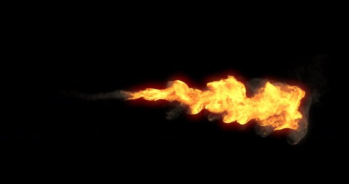 Animated realistic stream of fire like flamethrower shooting or fire-breathing dragon's flames. High quality clip with alpha channel in 4k resolution.