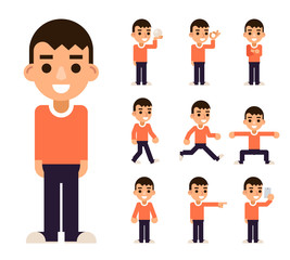 Teen Boy in Different Poses and Actions Characters Icons Set Isolated Flat Design Vector Illustration
