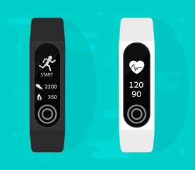 Sport bracelet. Fitness band run tracker vector illustration. Flat cartoon wristband with running activity steps counter and heartbeat pulse meter