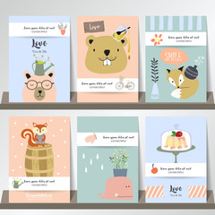 Blue pink collection for banners,Placards with bear,beaver,fox,whale,cake and squirrel