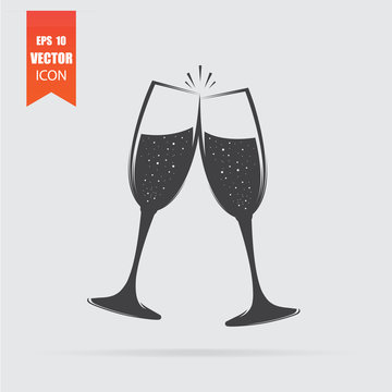 Champagne glasses icon in flat style isolated on grey background.