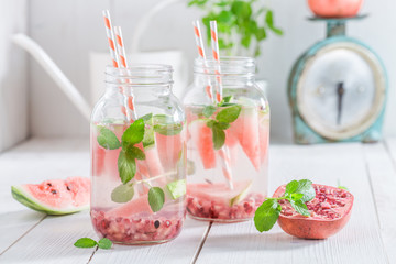 Healthy water in jar with watermelon na mint leaves