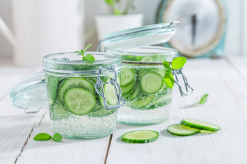 Closeup of water in jar with mint and fresh cucumber