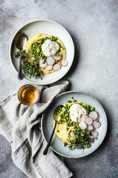 Spring polenta burrata bowls