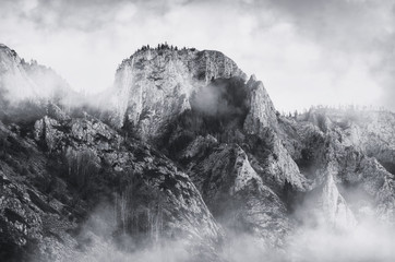 mountain peak in fog, monochrome fantasy landscape