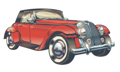 Obraz na płótnie Canvas Vector vintage illustration of red retro car in engraving style, isolated on white background. Print, template, design element