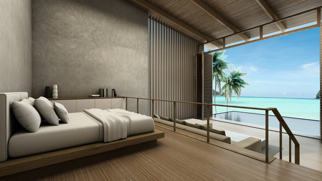Bedroom Pool villa Way down the pool background take view sea -3D render
