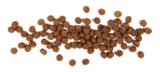 Dry dog food isolated on white background, top view