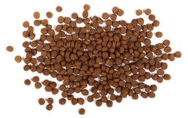 Dry dog food isolated on white background, top view