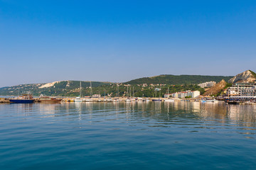 Fototapeta na wymiar View of the balchik city on black sea coast in Bulgaria at sunny summer day