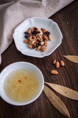 On the desktop, tableware and food