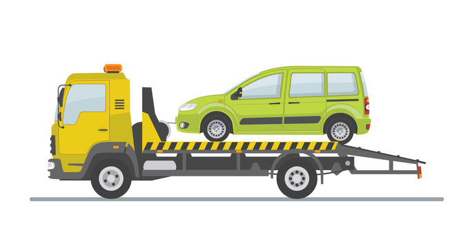 Green car on tow truck, isolated on white background. Flat style, vector illustration. 
