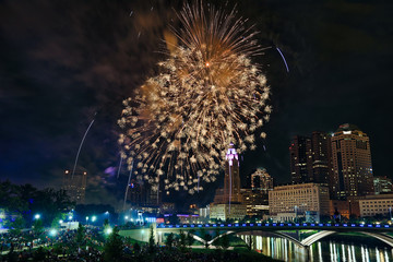Spectacular fireworks along the Scioto River in Columbus, Ohio for the annual Red, White and Boom celebration.