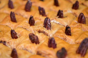 Macro shot of sweet baklava with honey and nuts. Selective focus