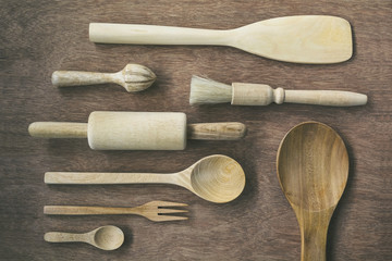 Set of wooden kitchen and bakery tools on wood table