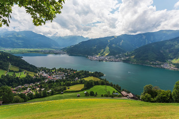Zell am See, summer landscape with mountains and lake in Austria