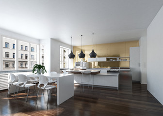 Modern design kitchen interior with golden wall