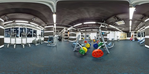 Empty big modern fitness gym with sport equipment full 360 degree panorama in equirectangular spherical projection