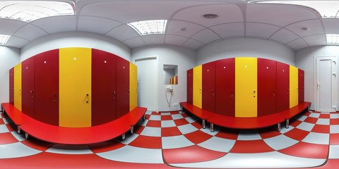 Locker room cloackroom for boys with red yellow benches and metal steel cage lockers safety boxes...
