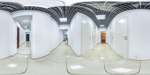 Hallways floor and doors of fitness club centre in white colors full 360 degree panorama in...