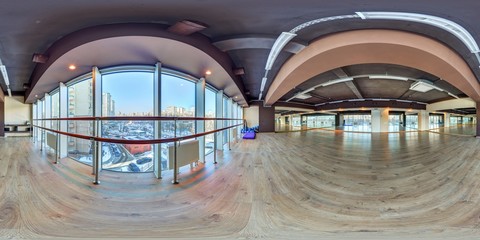 Huge empty modern hall for fitness yoga gym with big panorama windows full 360 degree panorama in equirectangular spherical projection