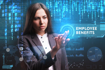 The concept of business, technology, the Internet and the network. A young entrepreneur working on a virtual screen of the future and sees the inscription: Employee benefits