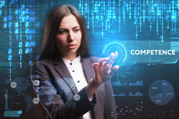 The concept of business, technology, the Internet and the network. A young entrepreneur working on a virtual screen of the future and sees the inscription: Competence