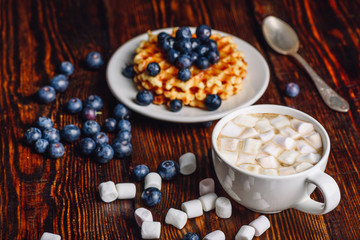 Cup of Hot Cocoa with Marshmallow and Belgian Waffles with Blueberry.