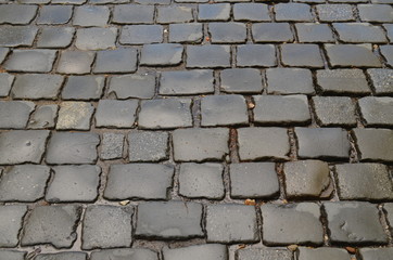 Каменная брусчатка мокрая от дождя  на тротуаре в старой части города в Чехии