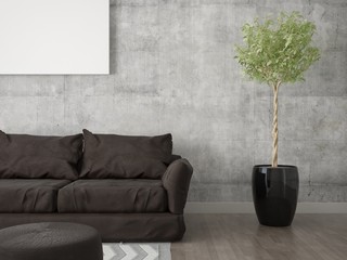 Mock up a modern living room with a comfortable brown sofa hipster background.