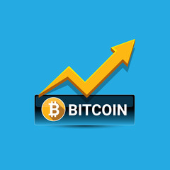 vector bitcoin growth graph on blue background.