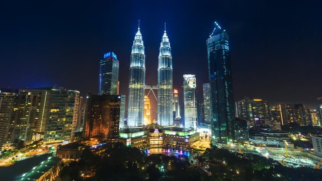 Kuala Lumpur Night Cityscape Landmark Travel Place Of Malaysia 4K Time Lapse (dolly shot)