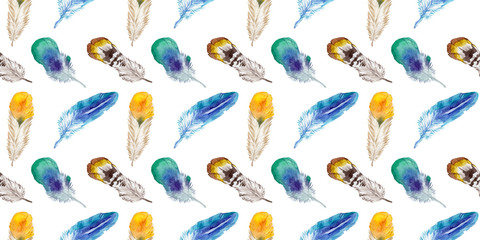 Watercolor bird feather from wing isolated. Aquarelle wild flower for background, texture, wrapper pattern, frame or border.