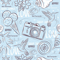 Fototapeta premium Seamless Patterns with summer symbols, hummingbird, ice cream, camera, flower on a blue grunge background, vector illustration.