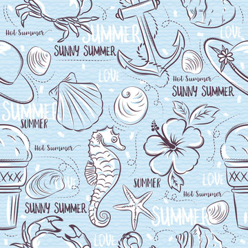 Seamless Patterns with  summer symbols,shels, crab, hat, anchor,  sea horse, ice cream,  flower on a blue  grunge background, vector illustration.